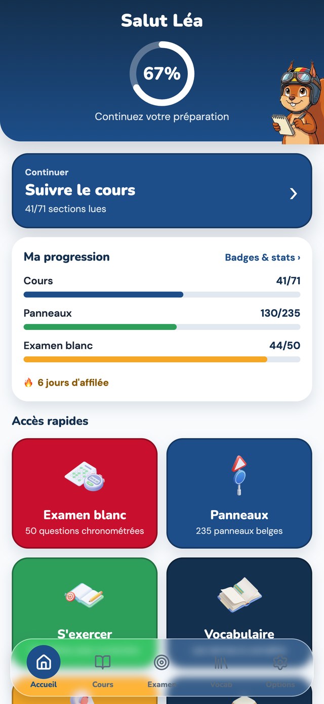 Écran d'accueil de Théorix avec la progression